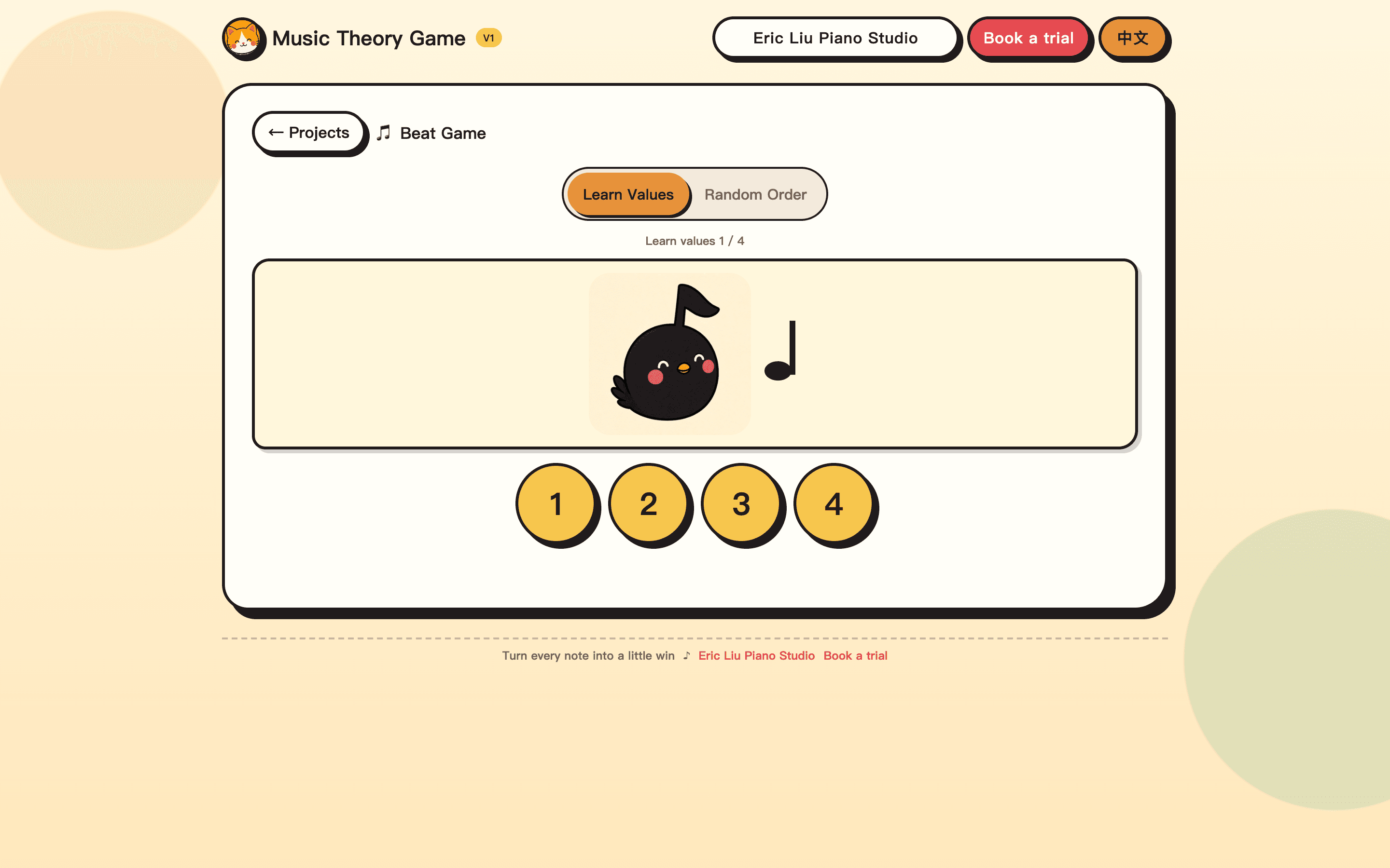 Beat Game screenshot from Eric Liu Piano Studio: a child taps 1–4 to match a note value