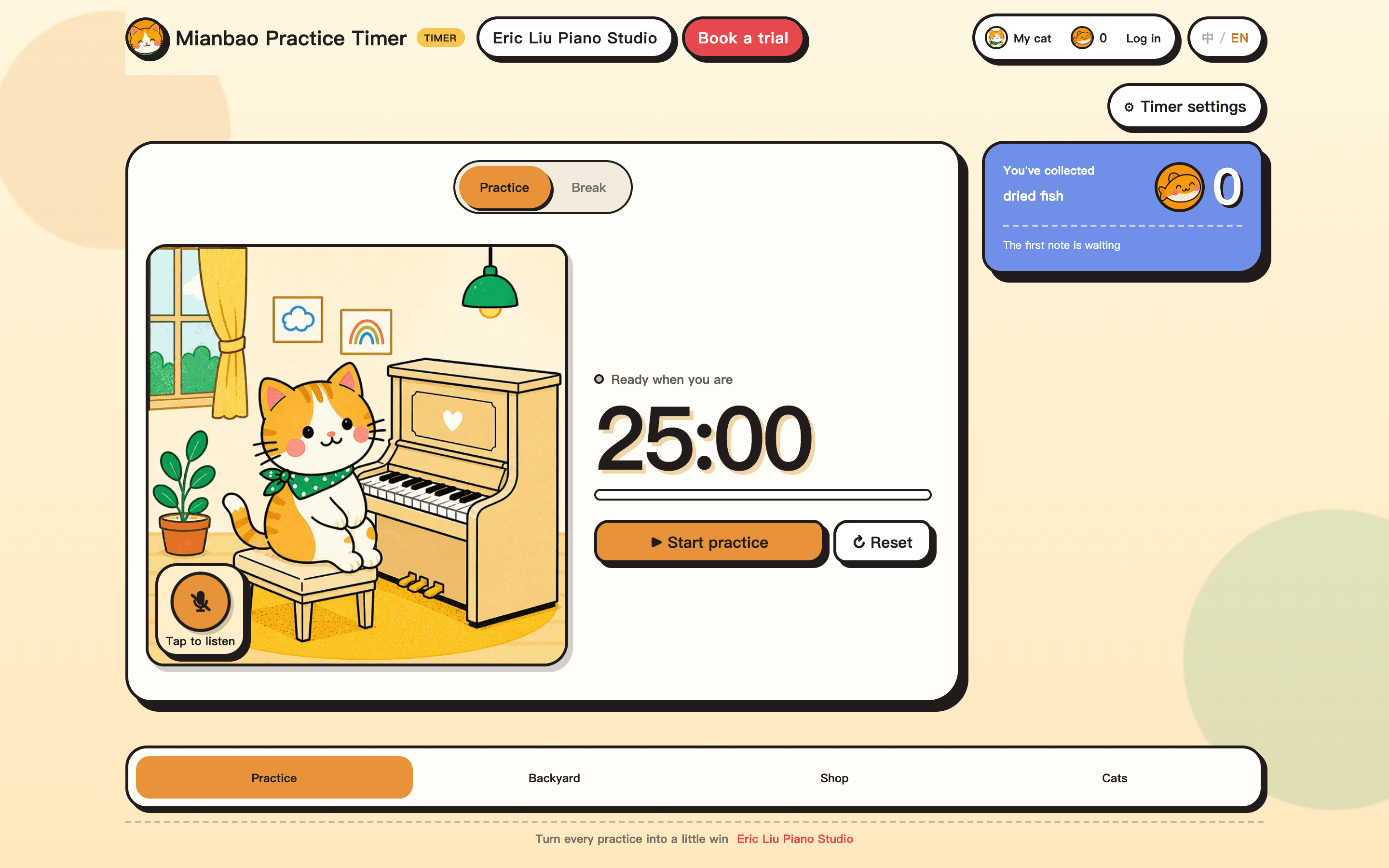 Mianbao Practice Timer at Eric Liu Piano Studio: a 25-minute practice clock next to an illustrated orange-and-white cat at a piano